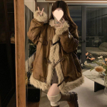 Retro ja karusnahaga integreeritud lambakoogi ja villane jakk naiste talviseks disainiks, ni&scaron;i ja vaba siluetiga. M kohv