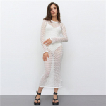 Seksikas pikk kootud rannakleit naistele, &otilde;&otilde;nes, &uuml;mara kaelusega, bikiinide pealekleit, kevad-suvine mood, uus naiste puhkuse kleit, vestid M valge