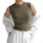 Naiste varrukateta puuvillane k&otilde;rge kaelusega l&uuml;hike topp soonikkoes slim fit lihtne s&auml;rk kevad-suvi vabaaja riietus M armee roheline v&auml;rv