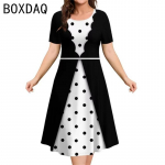 Naiste Vintage Must Valge Ruuduline A3D Prindiga Kleit Suvine L&uuml;hikeste Varrukatega O-kaelusega A-l&otilde;ikeline Kleit Suur Suurus Elegantne Naiste Kleit 4XL