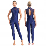 Womens Shiny Rhinestones Gymnastics Figure Skating Ballet Dance Unitards Tight Fitting Jumpsuit Performance Bodysuit Costume XL