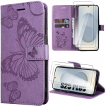 Coque - booling - samsung galaxy s25 plus (s25+) - effet cuir violet motif papillon - 2 verres tremp&eacute;s