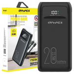 Awei Powerbank P169K 20000Mah 22.5Wczarny/Black Wyświetlacz + Kable Pd/Lightning