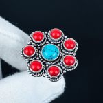 T&uuml;rkiissinine, Punane Korall Kivist K&auml;sit&ouml;&ouml; 925 Sterling H&otilde;bedast S&otilde;rmus - Boheemlaslik Ehtes&otilde;rmus - K&auml;sit&ouml;&ouml; Boho Ehted Naistele & Meestele, Kingitused US 4 sinine