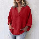 Naiste Mood Vabaaja Puuvillane Linane V-kaelusega Pikkade Varrukatega Pullover-pluus L