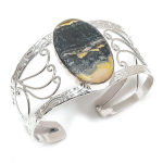 Natural Bumble Bee Jasper Gemstone 925 Sterling Silver Cuff Bangle Adj s3w24