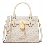 MICHAEL KORS Hamilton Metalllogo Presb&uuml;oopia Tr&uuml;kis &Uuml;le Kogu Kunstnahast &Otilde;la Crossbody K&auml;ekott V&auml;ike Naiste Vanillivalge ja Kreemjas Valge kuld