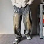 Grafititr&uuml;kiga kotid teksap&uuml;ksid meestele Y2K Vintage kulunud sinised Harajuku teksap&uuml;ksid High Street sirge s&auml;&auml;rega teksap&uuml;ksid S