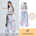 T&uuml;drukute Hip Hop Jazz Tantsu Komplekt: Crop Topi ja Laia S&auml;&auml;rega P&uuml;kste Komplekt T&auml;navatantsuks ja Lavapaletiks 110 cm gray