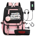 Stranger Things Stranger Seljakott USB-laadimisega Keskkoolilapse Koolikott Pliiatsitops Kaheosaline Komplekt One size fits all roosa