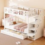 Lastevoodi 90*200/90*200 cm, T&auml;ispuidust narivoodi turvaliste astmetega, Panipaiguga trepp, Kaks suurt sahtlit ja lippidest raam, Valge 252 x 95 x 160 cm valge