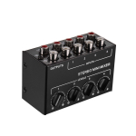 Ministereo helimikser 4-kanaliliste RCA-sisenditega ja eraldi helitugevuse regulaatoritega must