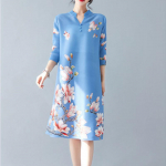 Kleit 2022 uus suvine plisseeritud varrukas keskmise pikkusega tr&uuml;kiga &otilde;huke krae kolmveerand varrukas M sinine