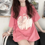 100% puuvillane magusroosa naiste s&auml;rk, suvine armas Angel Kitty mustriga lahtine l&uuml;hikeste varrukatega s&auml;rk Y2k esteetiline Ts&auml;rk Kawaii riided M roosa