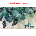 3D seinatapeet Vintage p&otilde;hjamaises stiilis dekoor, mis on kaunistatud k&auml;sitsi maalitud rohelise sulgedega puidus&uuml;&uuml;ga sisetaustatapeet 300cm (W) x 200cm (H)