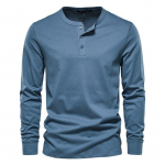 AIOPESON Henley krae 100% puuvillane T-s&auml;rk Meeste vabaaja &uuml;hev&auml;rvilised pikkade varrukatega T-s&auml;rgid Meeste uued s&uuml;gise kvaliteetsed meeste T-s&auml;rgid S denim sinine v&auml;rv