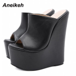 Anekeh Summer Fashion naiste sussid Seksikas platvorm PU kiilud Peep Toe Rooma peokingad Sandaalid Mules 35-42 Elegantne UUS 2024 35 must