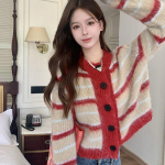 Korea lahtine pehme kleepuva triibuga kontrastv&auml;rvi pikkade varrukatega sviiter naistele l&uuml;hikese kaelusega laisk kootud kampsun naiste kampsun One Size punane