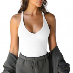 Naiste suvetopp madala l&otilde;ikega V-kaelusega varrukateta elastne kootud pehme higi neelav &uuml;hev&auml;rviline Slim Fit sportlik paakitops M kohv