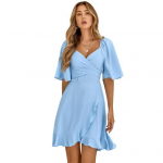 Naiste m&auml;hitud V-kaelusega laienev poolvarrukatega minikleit, talje pingul volangidega &auml;&auml;ris, &uuml;hev&auml;rviline vabaaja l&uuml;hike kleit t&auml;navar&otilde;ivad M helesinine v&auml;rv