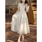 Elegantsed kleidid naistele L&uuml;hikeste varrukatega Prantsuse stiilis peokleit &Otilde;huke vabaaja massiivne kaarjas kandiline krae Uus kevadsuvine kleit S aprikoosi