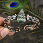 Natural Banded Green Opal Gemstone Copper Wire Wrap Cuff Bangle Adjustable r3r98