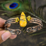 Natural Bumblebee Jasper Gemstone Copper Wire Wrap Cuff Bangle Adjustable k8c35