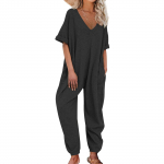 Naiste kombinesoon V-kaelusega poolvarrukatega lahtised vabaaja s&auml;&auml;rised L must