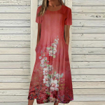 Naiste suvine vabaaja moekleit tr&uuml;kitud l&uuml;hikeste varrukatega, &uuml;mmarguse kaelaga taskukleit L sinine