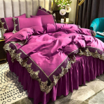 Light luxury European style brushed embroidered lace edge bed skirt four-piece set solid color bedding 120x200cm