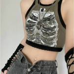 Punk Aesthetic Cyber ​​Retro X-ray Skeleton Print Rib Varrukateta Vest ArmyGreen Crop Top Disainriided Naiste 2024 Suve Emo S armee roheline v&auml;rv