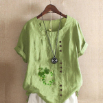 Naiste mood, &uuml;mara kaelusega l&uuml;hikeste varrukatega T-s&auml;rk vabaaja puuvillane linane graafiline s&auml;rk vaba aja veetmiseks, roheliste lehtedega prinditud suvepluusid S roosa