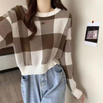S&uuml;gistalv Vintage kudumid Crop Tops Naiste Pullover Kampsunid Mood Naiste pikkade varrukatega Elastsed vabaaja ruudulised silmkoelised s&auml;rgid S must