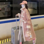 Moodne ja soe lambanahast sarvpandlaga fliisist pikk mantel talveks S roosa