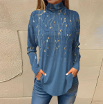 Naiste T-s&auml;rgid S&uuml;gises vabaaja pikkade varrukatega s&auml;rgid Vintage tr&uuml;kitud k&otilde;rge kaelusega pullover L sinine