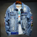 Meeste teksajakk T&auml;navar&otilde;ivad Punk Mootorrattad, Rebenenud Print Cowboy Mantlid Kvaliteetsed vabaaja Mantlid Lahti Meeste Teksad V&auml;lisr&otilde;ivad L sinine