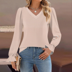 Women's Daily Casual Long-sleeved Striped Printed v-neck Top L