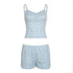 Naiste lilleline ruuduline pooln&ouml;&ouml;biga pits V-kaelusega elastne madala v&ouml;&ouml;kohaga vaba vabaaja l&uuml;hikeste p&uuml;kste kodukomplekt S sinine