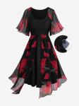 Rosegal Plus Size Lilled Prinditud Sifonki Ruched Panel Volangidega Poolitatud &auml;&auml;risega Kihiline kleit 2XL must