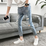 Meeste Skinny Loose Korea stiilis rebenenud teksad - Trendikad kerjusep&uuml;ksid (9-punktiline, Slim, Kevad/Suvi) 34 helesinine v&auml;rv