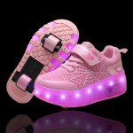 Kaherattalised LED-valgustusega rulluisukingad lastele, poistele, t&uuml;drukutele, helendavad tossud, rulam&auml;ngu, USB-laetavad 28(insole 18cm) pink