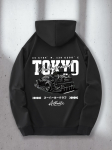 Meeste Tokyo graafiline kapuutsiga pusa jaapani tekstiga ja drifti v&otilde;idus&otilde;iduauto prindiga - Urban Streetwear pullover, k&auml;ngurutasku 3XL