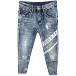 Meeste Moer&otilde;ivad Prinditud Teksap&uuml;ksid V&auml;rviplokk Denim P&uuml;ksid Kirjadega Prinditud Kitsad Sirged P&uuml;ksid 28 sinine