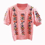 Vintage Elegantne Tikitud Kootud Kampsun T-s&auml;rk Naistele Suvine Puhvisvarrukas &Uuml;mmarguse Kaelusega Topid Pulloverid Stiilne Mood &Scaron;ikk Kudumid One Size roosa