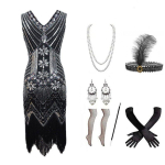 1920ndate vintage kleit Gatsby ballikleit raske p&auml;rlit&ouml;&ouml;tluse, litrite ja tuttidega, populaarne euroopa ja ameerika stiilis peokleit naistele Black and Silver Seven-Piece Set XXXL gray