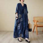 Suured suurused Vintage suvekleidid V-kaelusega puuvillane linane lahtine puhkuse rannakleit &Uuml;lisuur p&uuml;hade pikk kleit One Size sinine