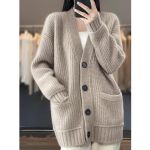 Moodne pikak&auml;iguline lai V-kaelusega kampsun-kardigan naistele talvine &uuml;hev&auml;rviline &uuml;he n&ouml;&ouml;biga vabaaja kootud kardigan-mantel naistele vintage kootud &uuml;ler&otilde;ivad 25518 One Size kaamel