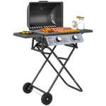 Kaasaskantav gaasigrill, 2 p&otilde;letit 5,6 kW, Telkimisgaasigrill k&uuml;ljeriiulite, termomeetri ja ratastega, Must 101 x 50 x 102 cm