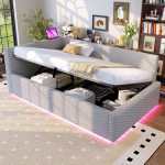 Polsterdatud voodi 90 x 200 cm, LED-valgustuse, Type-C ja kahe USB-pordiga, L-kujuline peats, Samet, H&uuml;drauliline voodiraam, Hall (Madrats ei kuulu komplekti) 213 x 98 x 68 cm hall