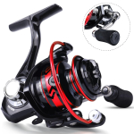 Spinningurull 5,2:1 &uuml;lekandearv koos &otilde;ngen&ouml;&ouml;riga mini kaasaskantavad merep&uuml;&uuml;gi rattad &otilde;ues p&uuml;&uuml;girullidega must/punane